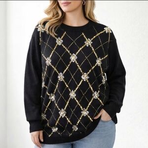 Vintage sequin argyle black sweater gold silver Wmn's Size L oversized holiday
